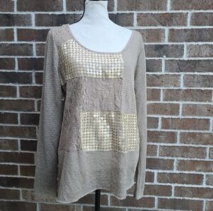 BKE Buckle Tan Sequin Women's Top
